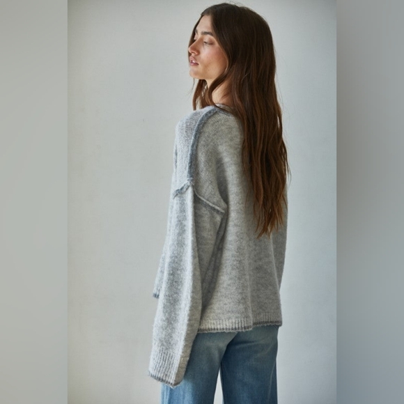 By Together Oversized Gray Exposed Seam Fuzzy Soft Knit Stretch Sweater Boutique - Picture 3 of 6